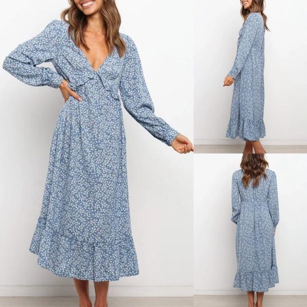 

casual dresses women long sleeve maxi dress deep v-neck vintage tiered split belted flowy autumn boho robe longue femme, Black;gray