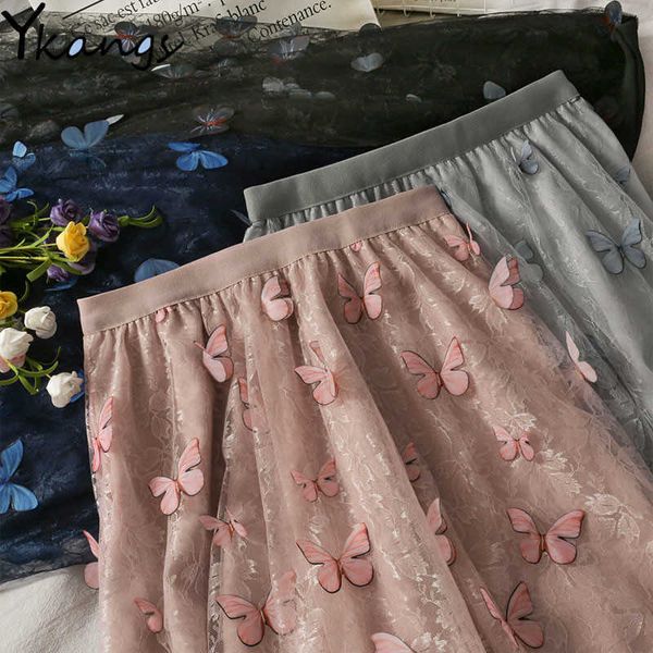 

sweet 3d butterfly pink midi skirt women's high waist long pleated skirt female vintage black all-match saia streetwear 210619