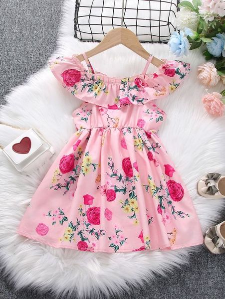 

toddler girls floral print cold shoulder ruffle trim dress she01, Red;yellow