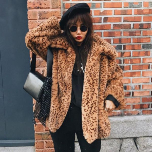 

women's fur & faux trodeam2021 leopard print short casual cardigan furry coats for winter loose large lapel jackets, Black