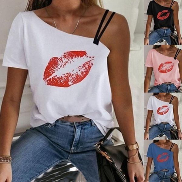 

women's t-shirt 2021 summer fashion red lips print t shirt irregular off shoulder breathable streetwear all-match, White