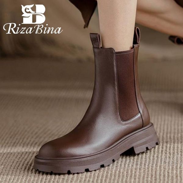 

boots rizabina 2022 women real leather shoes ankle low heels slip on short boot cool fashion ladies footwear size 34-40, Black