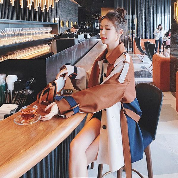 

stitching loose fried street windbreaker for women fashion long coat manteau femme moda mujer plus size clothes genuine vintage women's, Tan;black