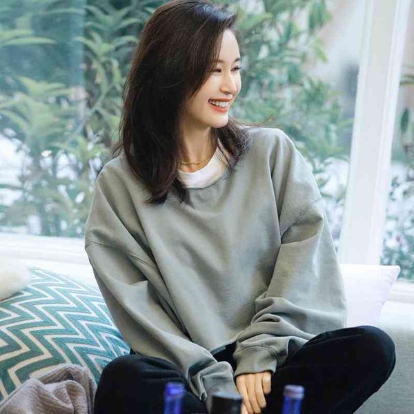 

wang ziwen star's same grey women's 2021 spring cotton loose round neck thin short korean sweater, Black
