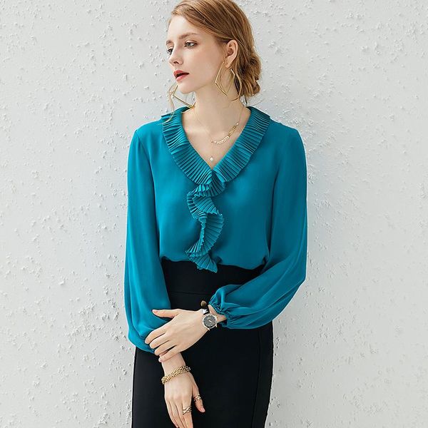 

women's blouses & shirts 100% silk blouse women shirt casual style solid 3 colors v neck ruffles pleated long sleeves fash, White