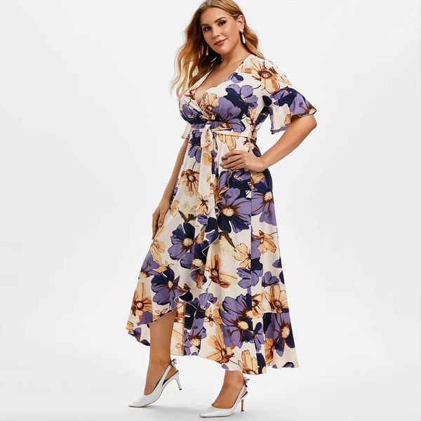 

plus size casual boho women dresses print short sleeve ruffle floral irregular dress sukienki damskie duze rozmiary, Black;gray