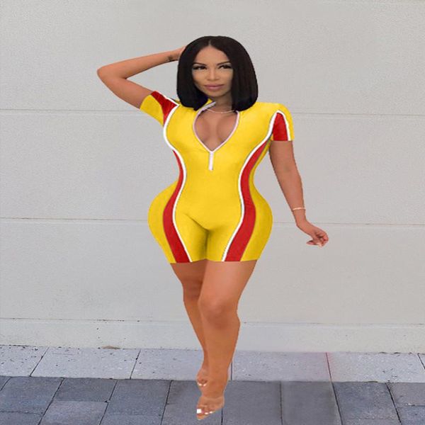 

women's jumpsuits & rompers fashion plus size jumpsuit skinny short sleeve romper women front zipper bodysuit playsuit, Black;white