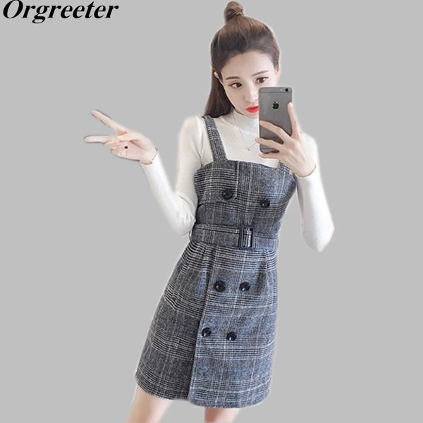 

tweed dress sets fall winter fashion white/black sweater and double-breasted with belt slim suspender dress 2 piece set women 210330