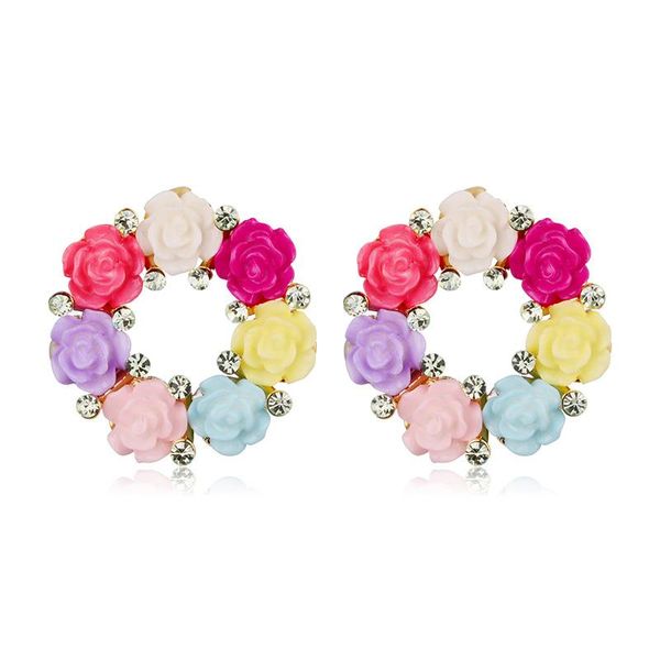 

stud bohemia ful resin rose flower earrings for women alloy rhinestone round earring fashion jewelry boucle d'oreille femme, Golden;silver