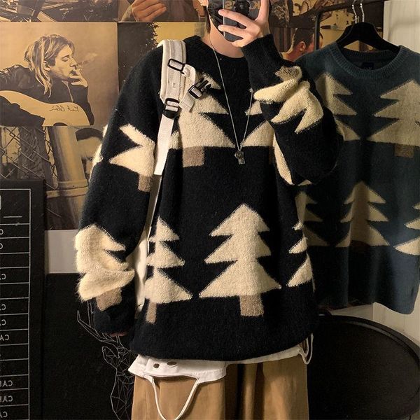

men's sweaters sweater for men trendy loose o-neck long sleeve pullover streetwear jacquard cartoon christmas tree male clothes winter, White;black