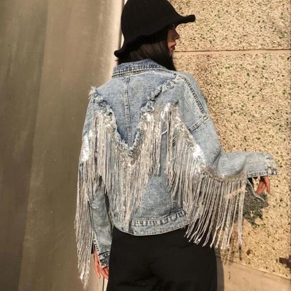 

women's jackets fashion denim 2021 spring jean coat female fringed sequined jacket women, Black;brown