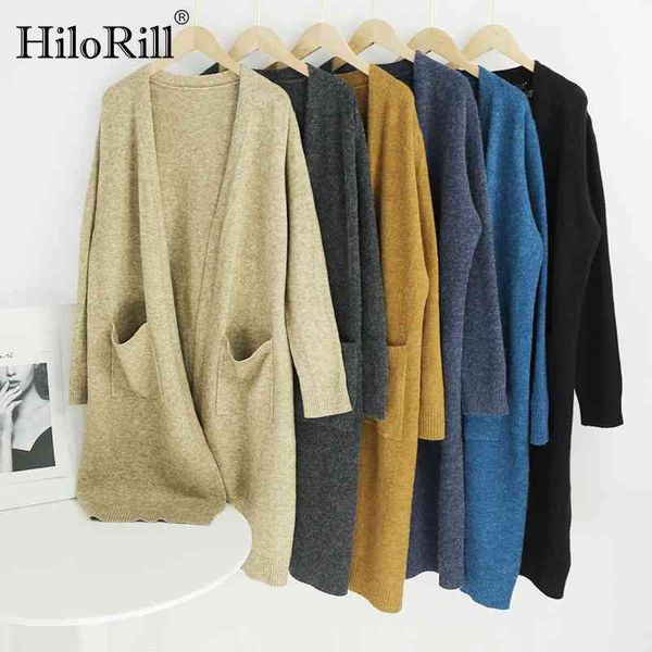 

casual solid women long cardigans with pockets knitted v neck elegant sweater autumn sleeve cardigan coat 210508, White
