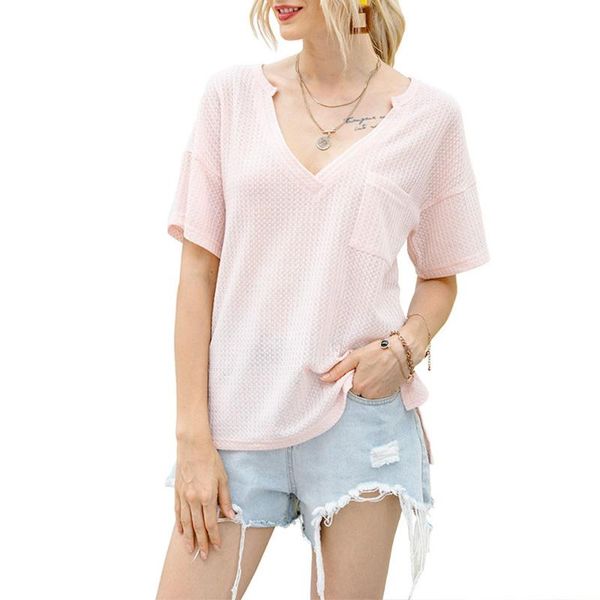 

women's t-shirt v neck waffle pocket casual summer fashion loose tshirt ladies short sleeve tee shirt wdc4968, White