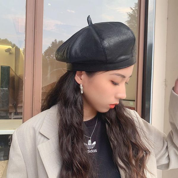 

berets 202107-axinxin ins autumn faux leather fashion pu solid street lady beret hat men women leisure painter, Blue;gray