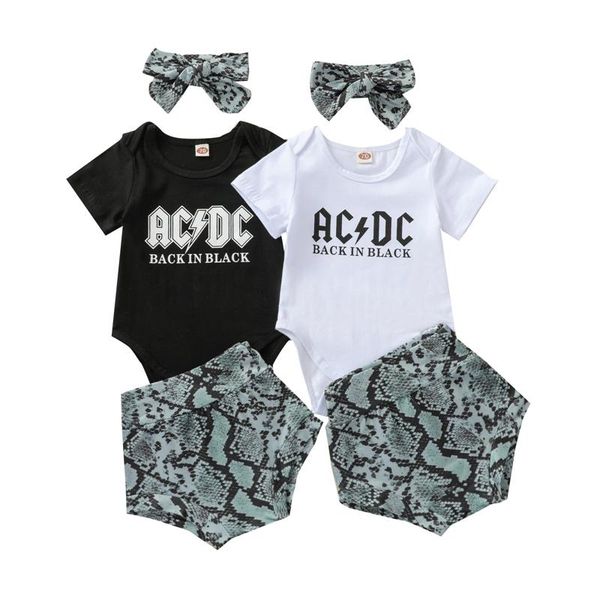 

clothing sets baby 3pcs summer outfits short sleeve letter print romper + snakeskin shorts headband set born girl suit, White