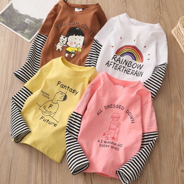 

spring autumn 2 3 4 6 8 10 years child cotton cartoon long sleeve striped color patchwork basic t-shirt for baby kids girls 210529, Blue