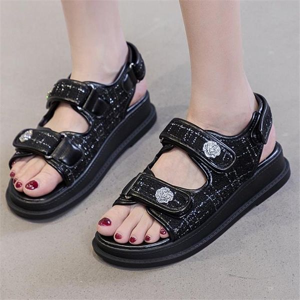 

sandals flat plataform women embroidery thick-soled female casual roman summer beach shoes open toe flats, Black