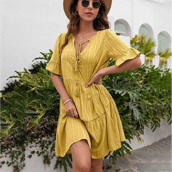 

casual dresses summer v-neck short sleeve ruffles for women red 2021 loose green bohemian vintage woman dress robe femme jvrc, Black;gray