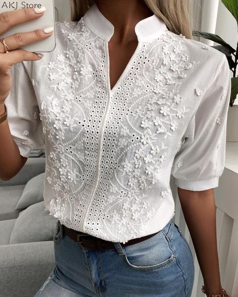 

women's blouses & shirts floral pattern eyelet embroidery half sleeve blouse, White