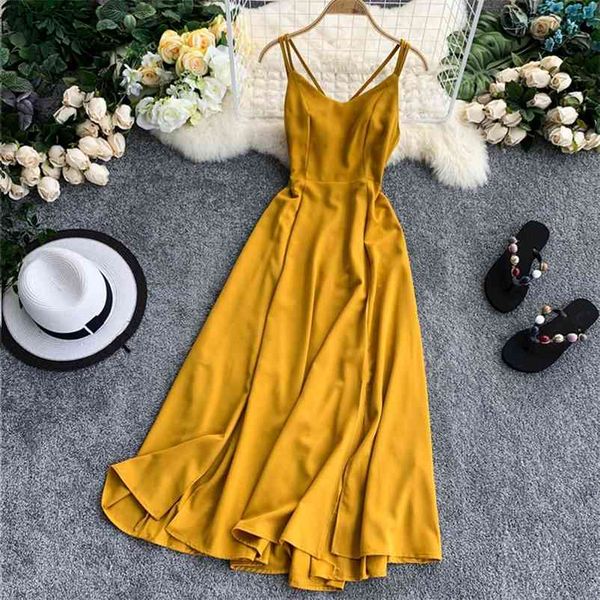 

women v-neck spaghetti strap long dresses summer backless split slim dress ladys casual beach preppy style 210513, Black;gray