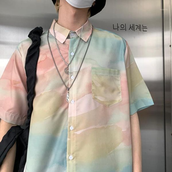 

summer button up turndown short sleeve casual pocket tie dye fashion shirt woman man japanese streetwear blouse harajuku tee men's, White;black