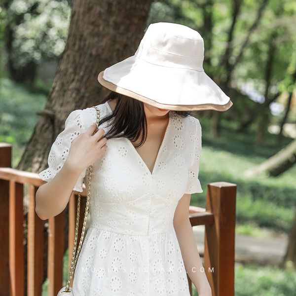 

large brim fisherman hat women's summer version simple versatile sunscreen double-sided sweet literary basin hat tide