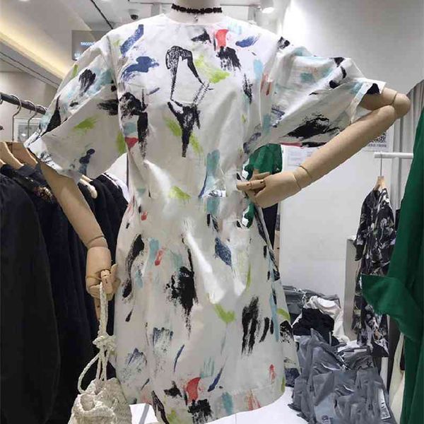 

korobov korean cartoon print harajuku ulzzang dress women o neck zipper puff sleeve dresses streetwear personality summer dress 210430, Black;gray