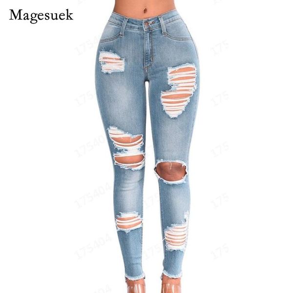 

women's jeans vintage style high waist denim hip elastic hole skinny for women plus size solid washed trouser 16228, Blue