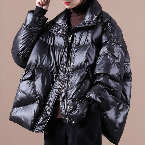 

ol winter jacket women minimalist elegant thick warm coat female stand collar loose bread clothes parkas 210421, Black