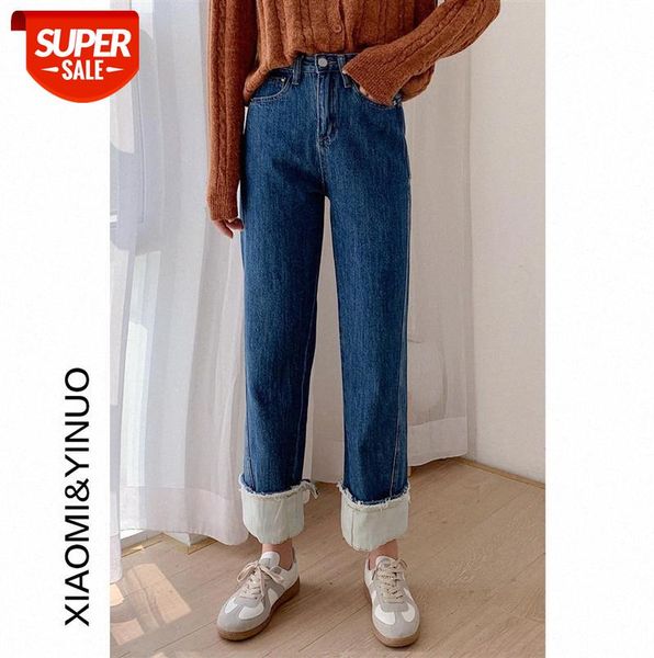 

[ou fan] 7554 retro high-waisted rolled jeans, thin korean straight cropped pants #xi8y, Black;gray