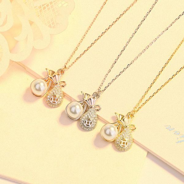 

chains s925 silver necklace fashion simple personality diamond pearl chain lucky bag clavicle female