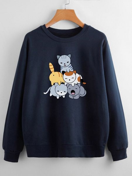 

cat print round neck sweatshirt 203j#, White;black