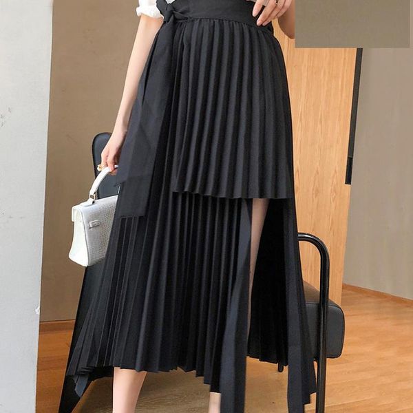 

autumn khaki black irregular casual women skirt high waist one piece style midi pleated skirts female vintage fashion faldas saia