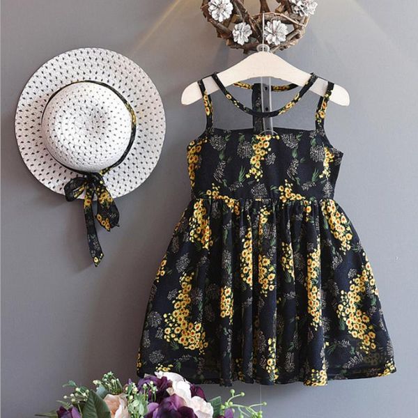 

summer toddler baby kids girls princess dress lace gauze sleeveless floral print hat set patchwork party dresses vestidos girl's, Red;yellow