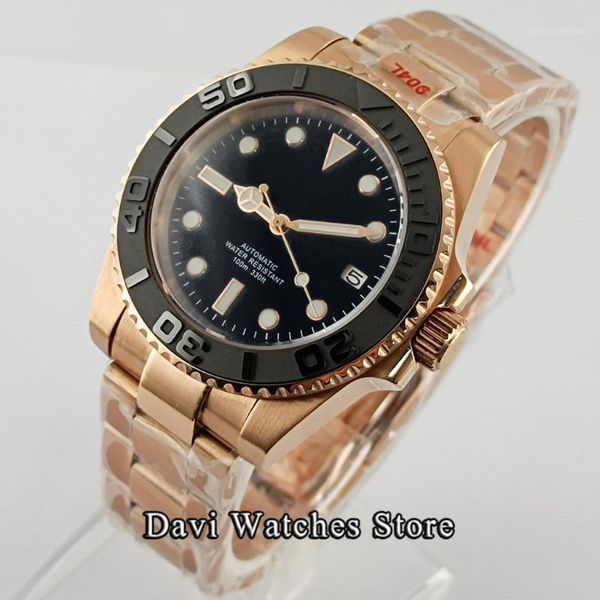 

wristwatches 40mm sterile rose gold watch men black ceramic bezel sapphire 24 jewels japan nh35 automatic movement waterproof, Slivery;brown