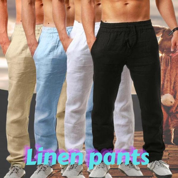 

men's pants men male cotton linen summer quick-dry breathable solid color trousers street casual comfortable thin section, Black