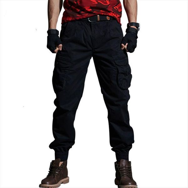 

cargo 100% cotton multi women pants pocket military tactical camouflage trousers male army casual washed joggers pantalon homme, Black