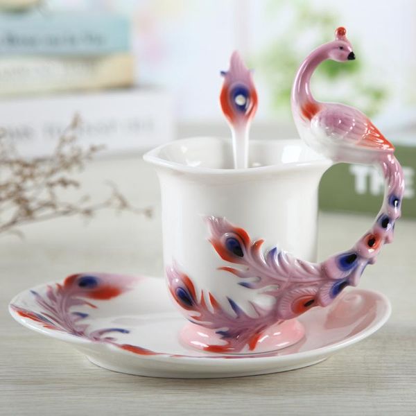 

cups & saucers purple peacock coffee mugs with saucer spoon 3d cartoon handmade porcelain breakfast tea water bottle christmas gift