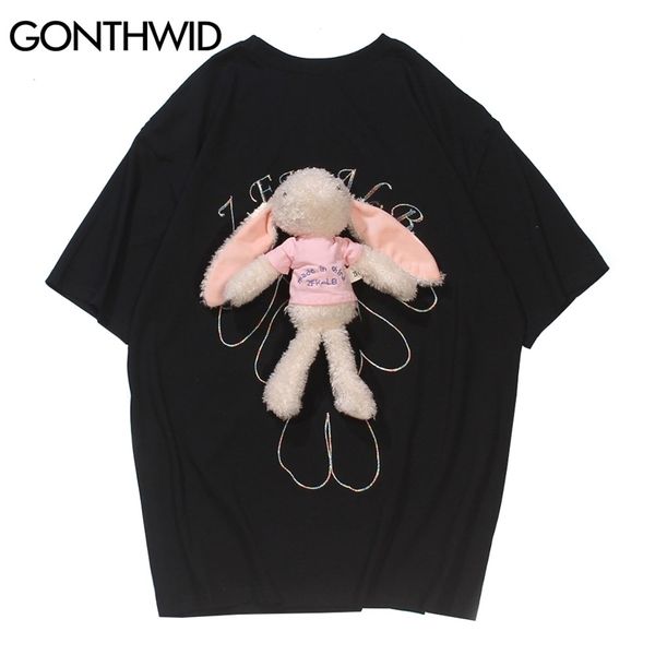 T - shirts Hip Hop Casual Streetwear Bordado Pendurado Toy Coelho Manga Curta Tees Algodão Solto Verão Homens Harajuku Tops 210602