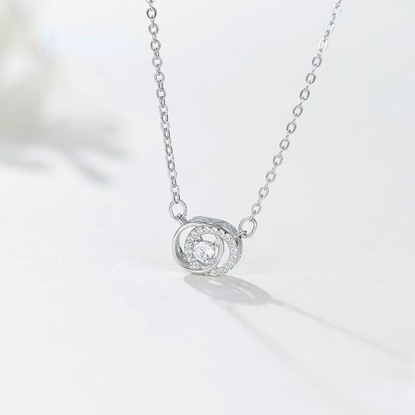 Collane con ciondolo 100% S925 Collana in argento sterling doppio cerchio Cubic Zirconia per le donne Ragazza Studente Regalo di compleanno Gioielleria raffinata