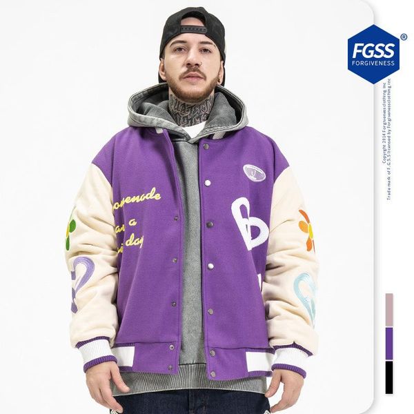 

fgss men's wear fashion brand guochaoxi love series embroidered baseball jacket in autumn and winter 2021 jackets, Black;brown