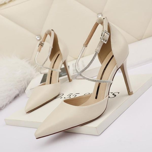 

dress shoes buckle pumps women crystal high heels pointed toe cross strap sandals luxury shallow slides stilettos zapatos de mujer, Black