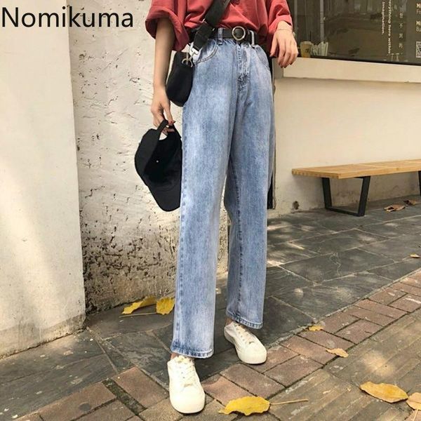 

women's jeans nomikuma fashion high waist women solid color casual loose denim pants lady korean straight trousers pantalones 3c320, Blue