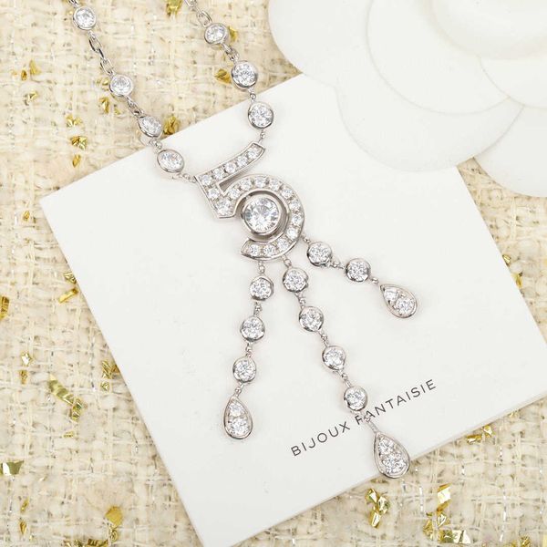 

brand pure 925 sterling silver jewelry for women letter 5 diamond water drop pendant cute tassel party luxury brand necklace