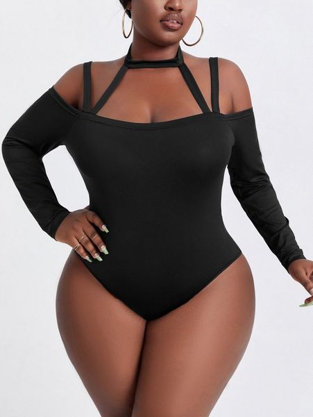 

sxy plus cut out slim fit bodysuit u3da#, Black