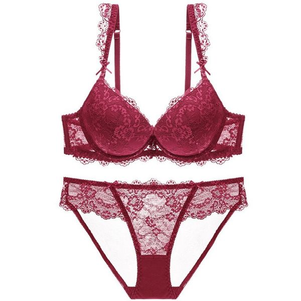 

bra set small chest gathered suit lace underwear women's 9168, Red;black