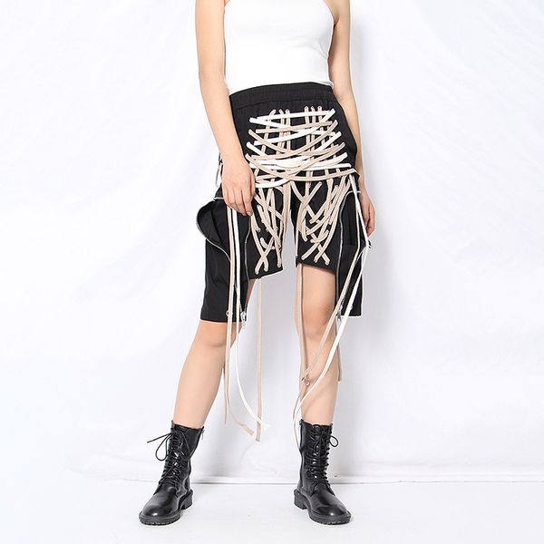 

more recent women elastic waistline high black bandage joint irregular division half the body waist pants for ladies fashion tide, White