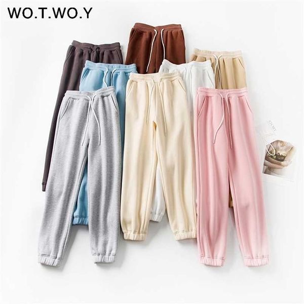 

wotwoy winter high waist fleece pencil pants women solid drawstring thick trousers casual cotton stacked sweatpants femme 211115, Black;white