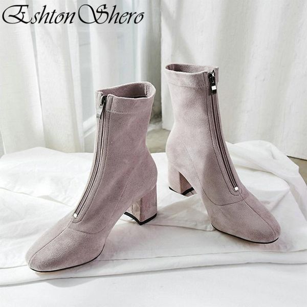 

boots eshtonshero spring women ankle shoes woman square high heel zipper pointed toe gray ladies motorcycle sock boot size 3-11, Black