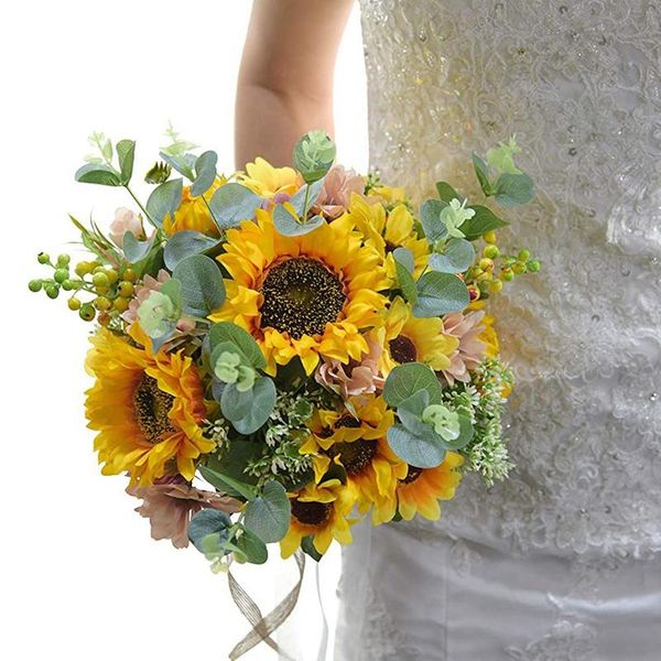 

sunflower wedding bouquet decoration artificial handmade bridal holding flower bouquets for party home decorative flowers & wreaths